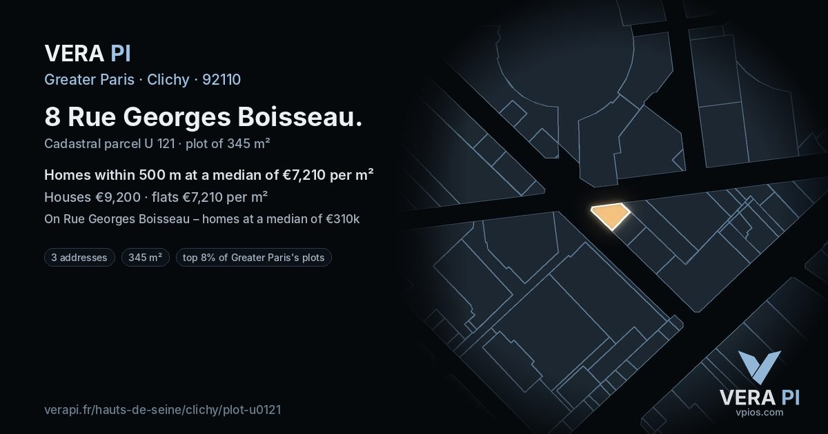 8 Rue Georges Boisseau, Clichy at night – the plot lit, the parcels around coloured by the prices near them