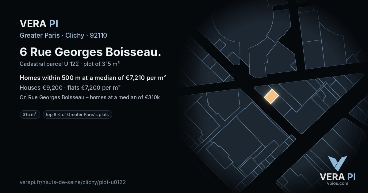 6 Rue Georges Boisseau, Clichy at night – the plot lit, the parcels around coloured by the prices near them