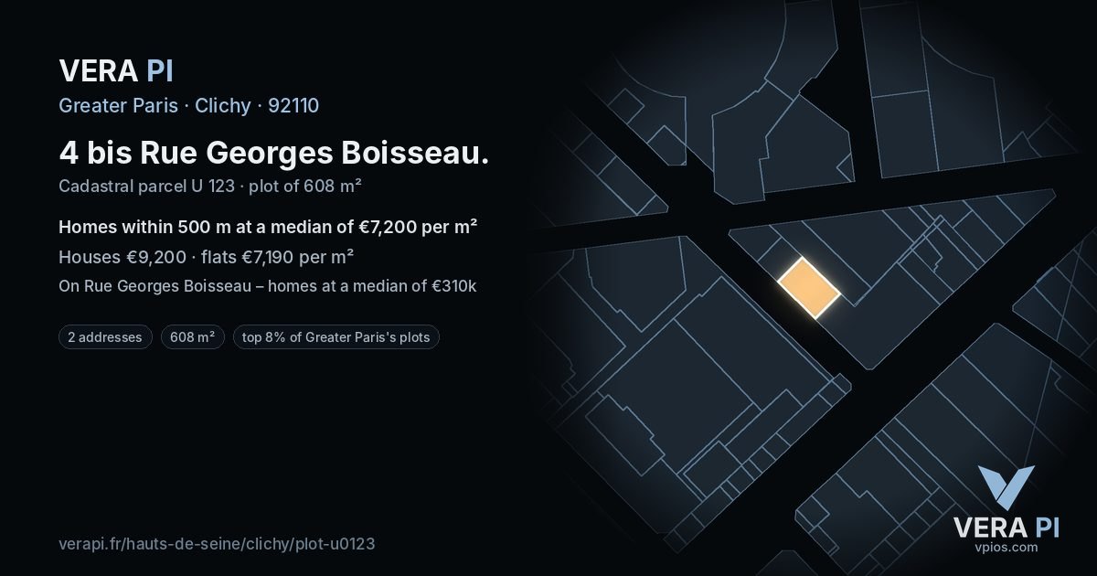 4 bis Rue Georges Boisseau, Clichy at night – the plot lit, the parcels around coloured by the prices near them