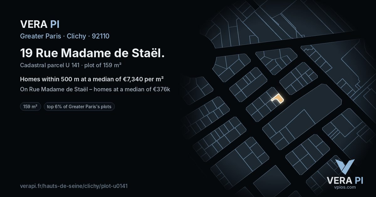 19 Rue Madame de Staël, Clichy at night – the plot lit, the parcels around coloured by the prices near them