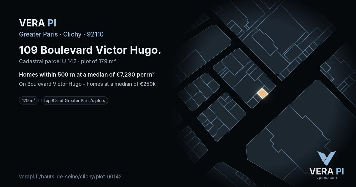 109 Boulevard Victor Hugo, Clichy at night – the plot lit, the parcels around coloured by the prices near them