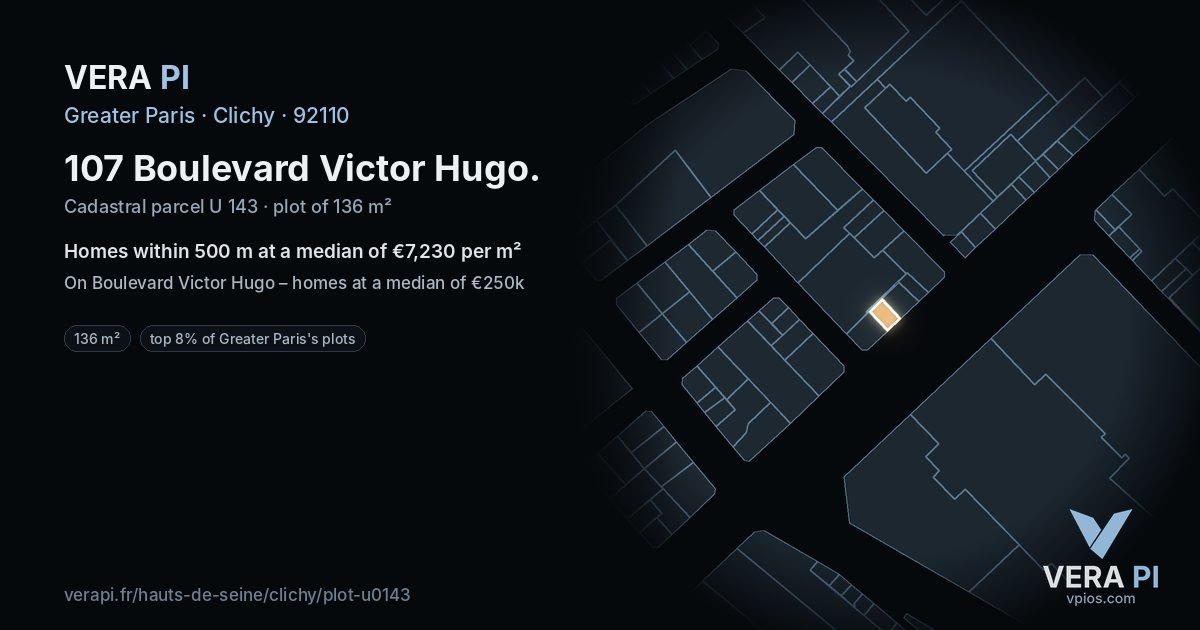 107 Boulevard Victor Hugo, Clichy at night – the plot lit, the parcels around coloured by the prices near them