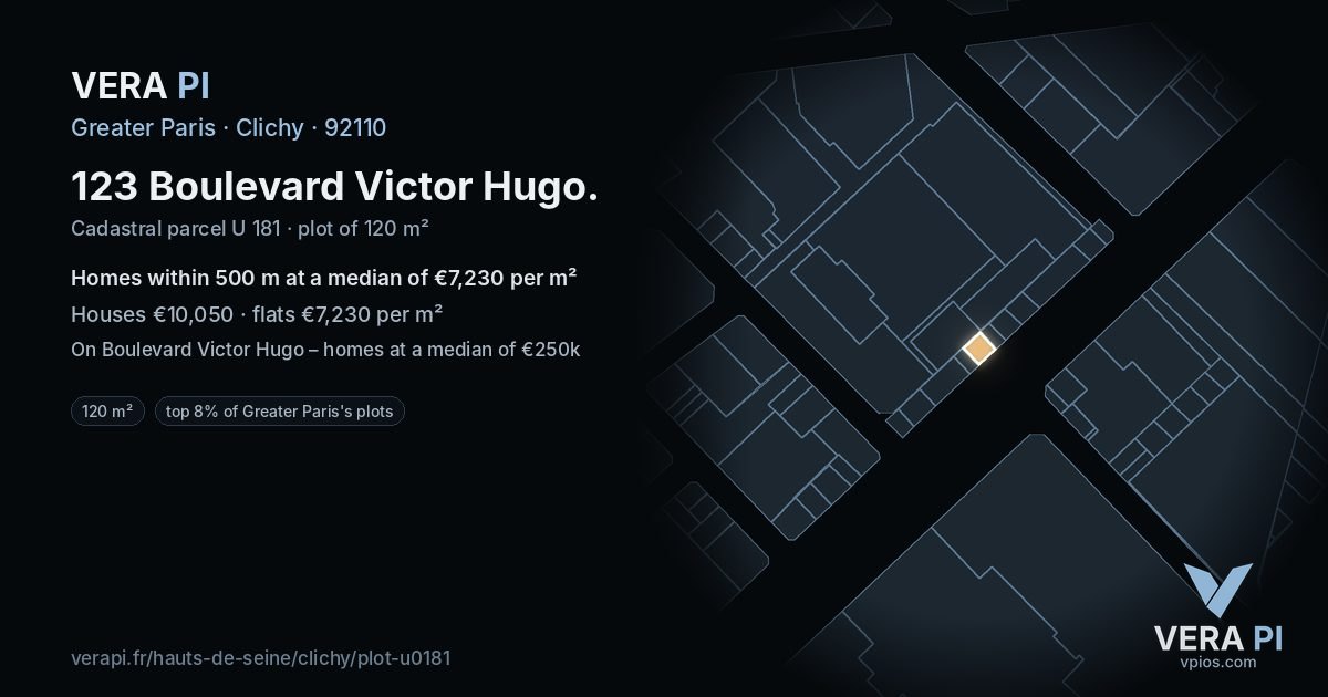 123 Boulevard Victor Hugo, Clichy at night – the plot lit, the parcels around coloured by the prices near them