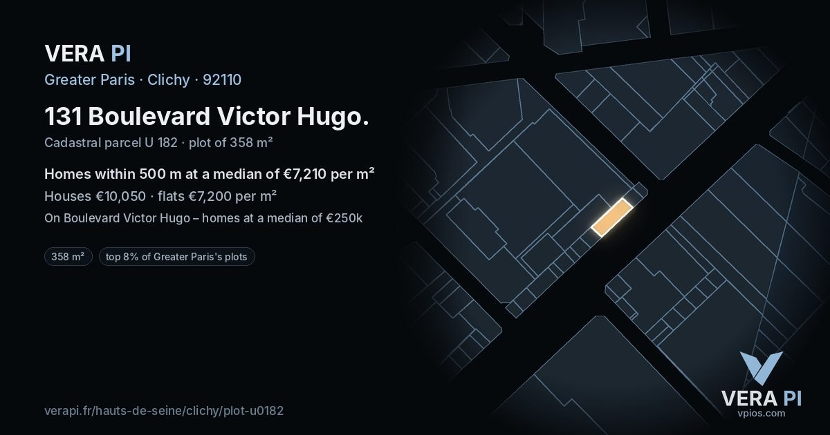 131 Boulevard Victor Hugo, Clichy at night – the plot lit, the parcels around coloured by the prices near them