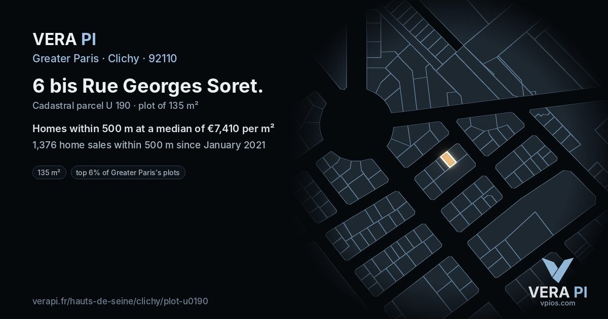 6 bis Rue Georges Soret, Clichy at night – the plot lit, the parcels around coloured by the prices near them