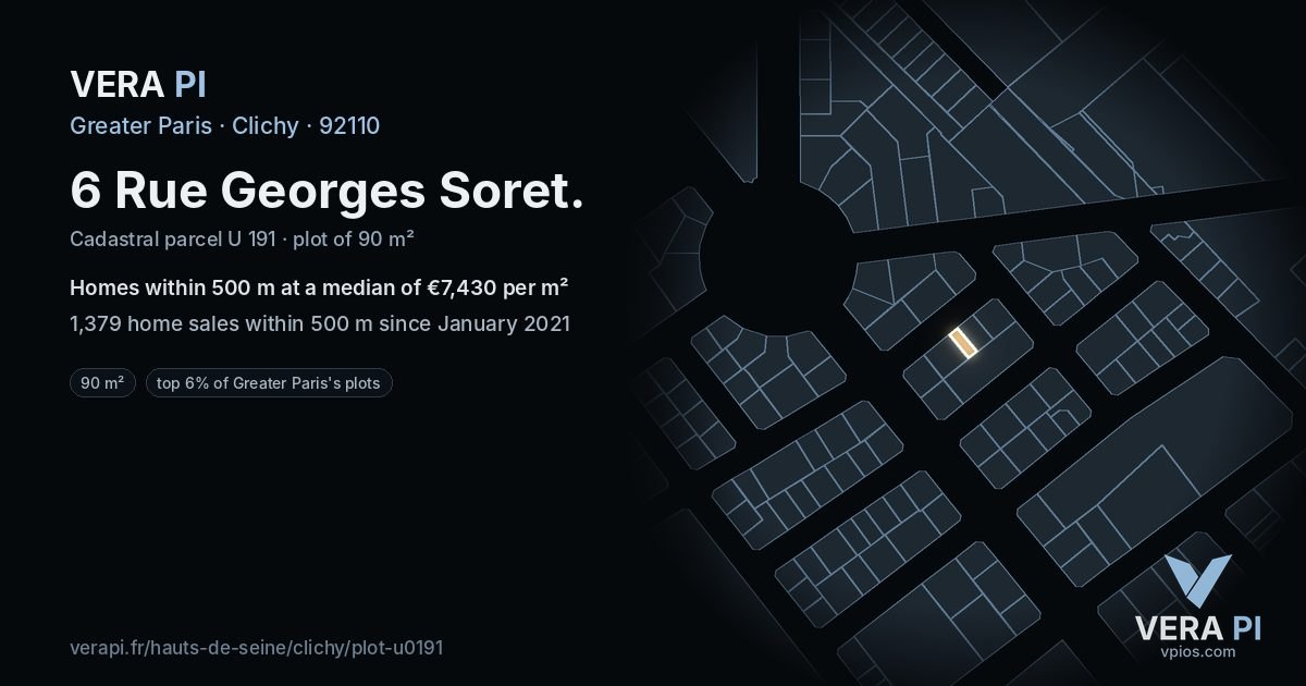 6 Rue Georges Soret, Clichy at night – the plot lit, the parcels around coloured by the prices near them