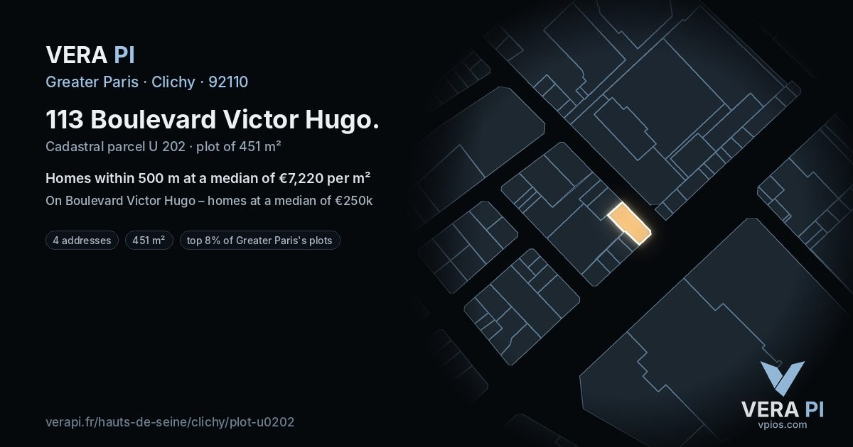 113 Boulevard Victor Hugo, Clichy at night – the plot lit, the parcels around coloured by the prices near them