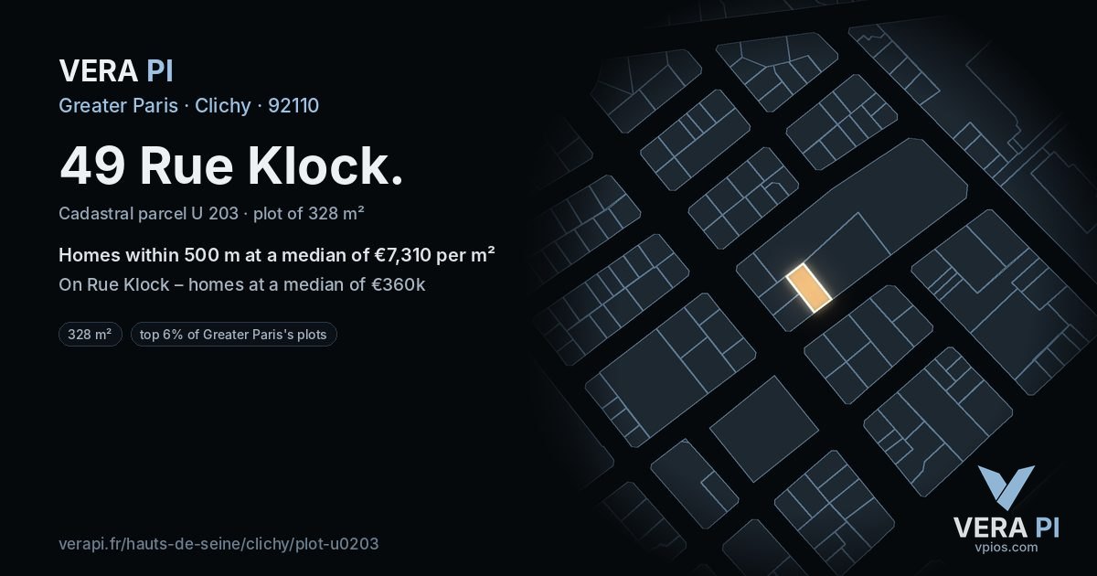 49 Rue Klock, Clichy at night – the plot lit, the parcels around coloured by the prices near them