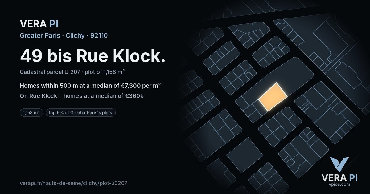 49 bis Rue Klock, Clichy at night – the plot lit, the parcels around coloured by the prices near them