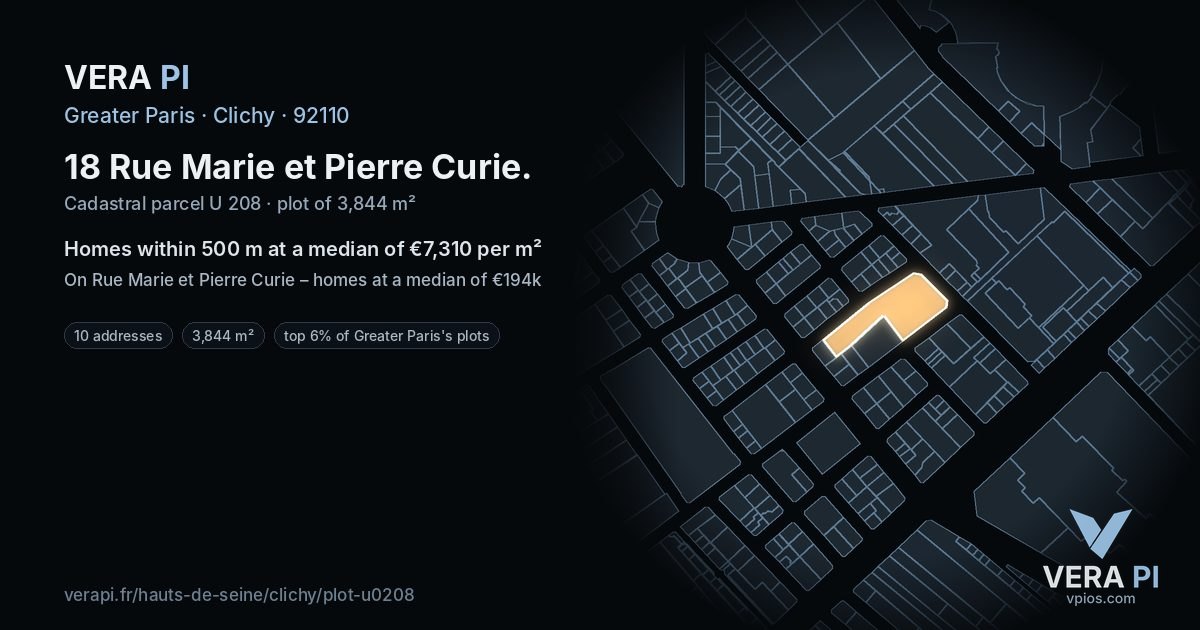 18 Rue Marie et Pierre Curie, Clichy at night – the plot lit, the parcels around coloured by the prices near them