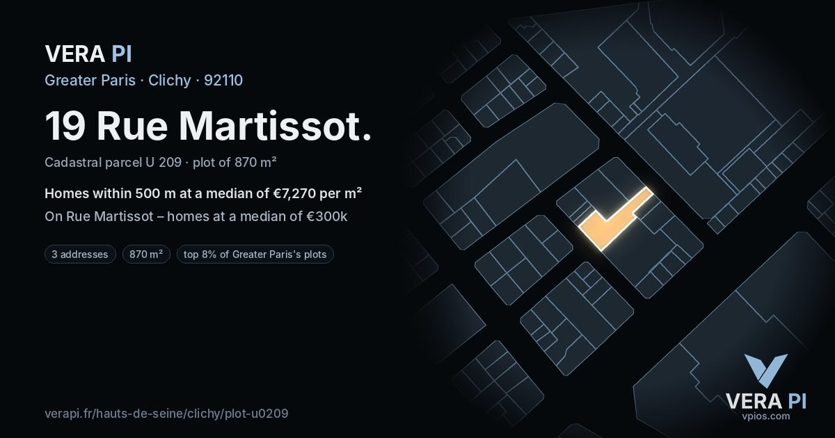 19 Rue Martissot, Clichy at night – the plot lit, the parcels around coloured by the prices near them
