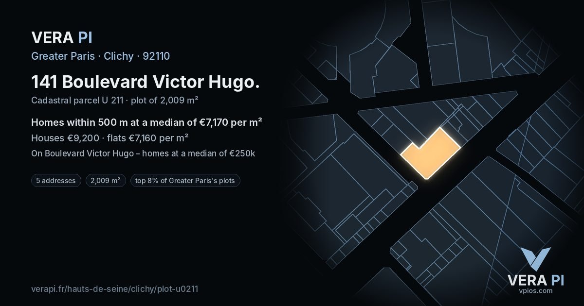 141 Boulevard Victor Hugo, Clichy at night – the plot lit, the parcels around coloured by the prices near them