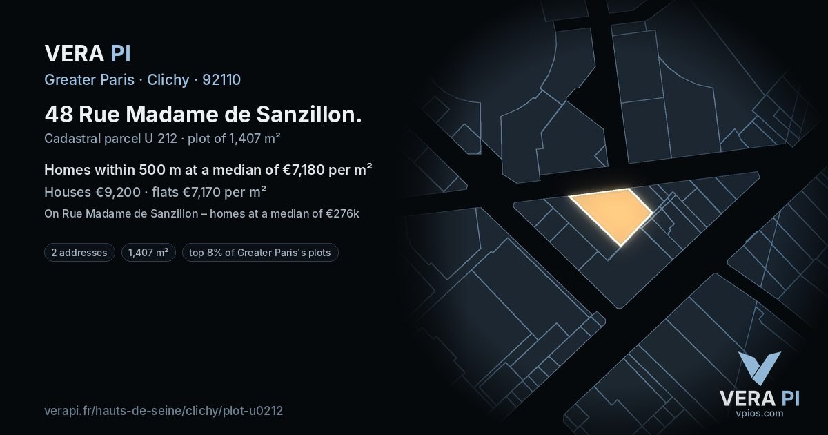 48 Rue Madame de Sanzillon, Clichy at night – the plot lit, the parcels around coloured by the prices near them