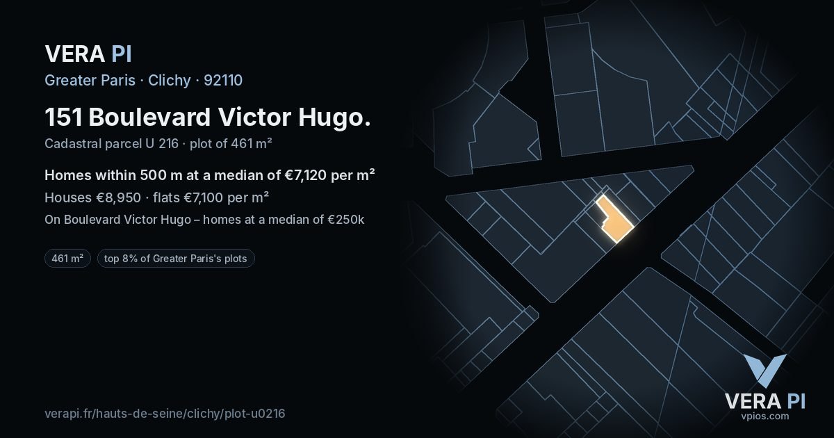 151 Boulevard Victor Hugo, Clichy at night – the plot lit, the parcels around coloured by the prices near them