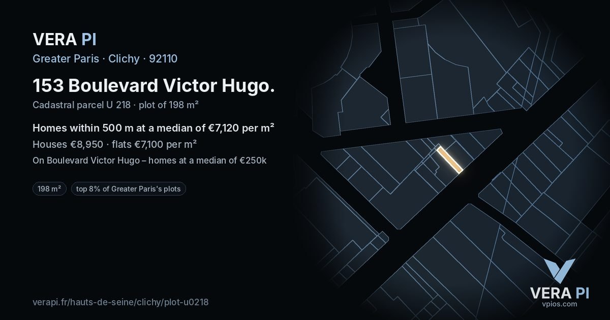153 Boulevard Victor Hugo, Clichy at night – the plot lit, the parcels around coloured by the prices near them