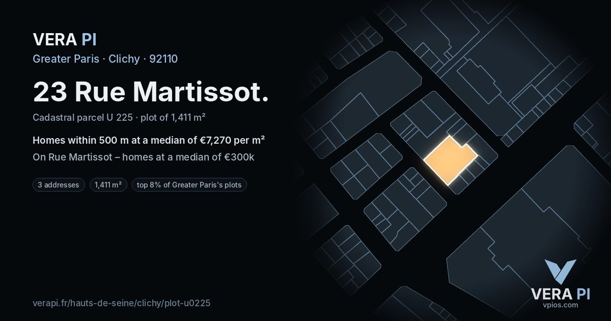 23 Rue Martissot, Clichy at night – the plot lit, the parcels around coloured by the prices near them
