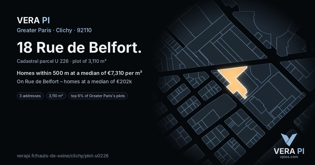 18 Rue de Belfort, Clichy at night – the plot lit, the parcels around coloured by the prices near them