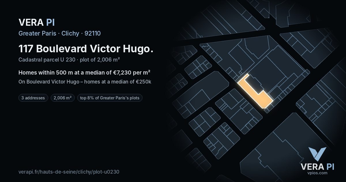 117 Boulevard Victor Hugo, Clichy at night – the plot lit, the parcels around coloured by the prices near them