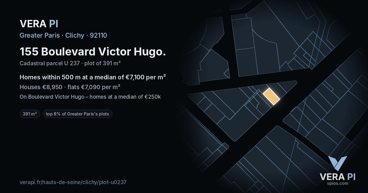 155 Boulevard Victor Hugo, Clichy at night – the plot lit, the parcels around coloured by the prices near them
