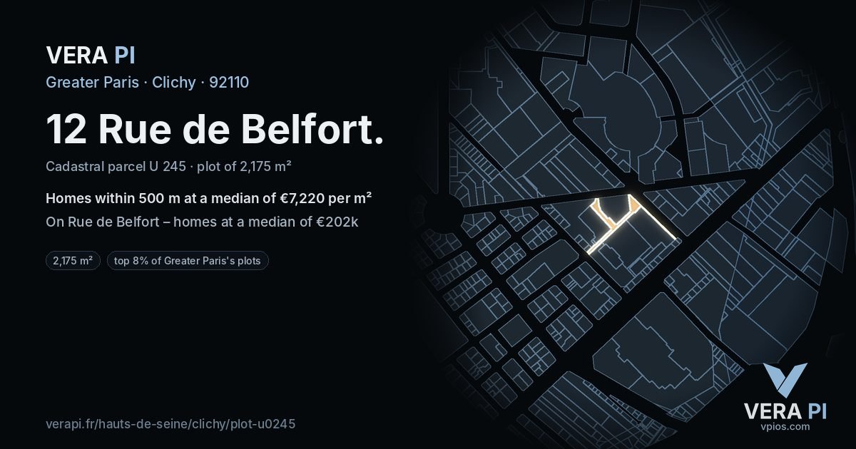 12 Rue de Belfort, Clichy at night – the plot lit, the parcels around coloured by the prices near them