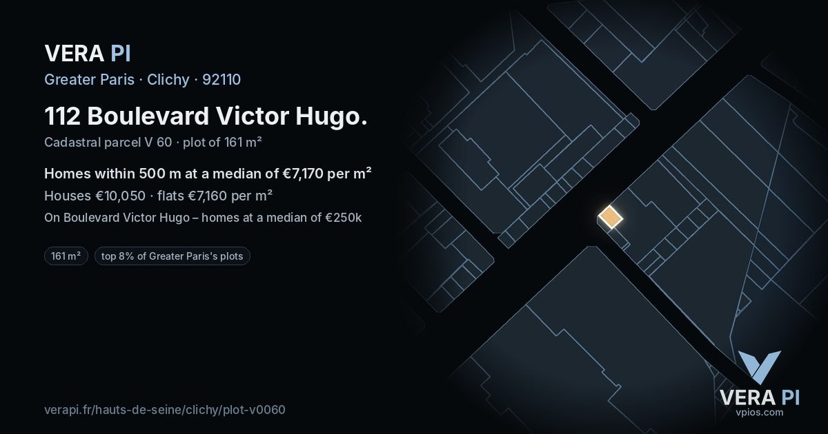 112 Boulevard Victor Hugo, Clichy at night – the plot lit, the parcels around coloured by the prices near them