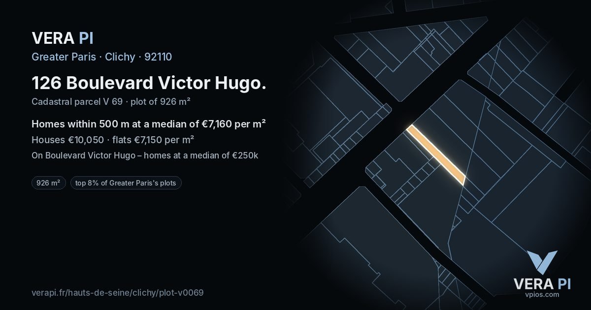 126 Boulevard Victor Hugo, Clichy at night – the plot lit, the parcels around coloured by the prices near them