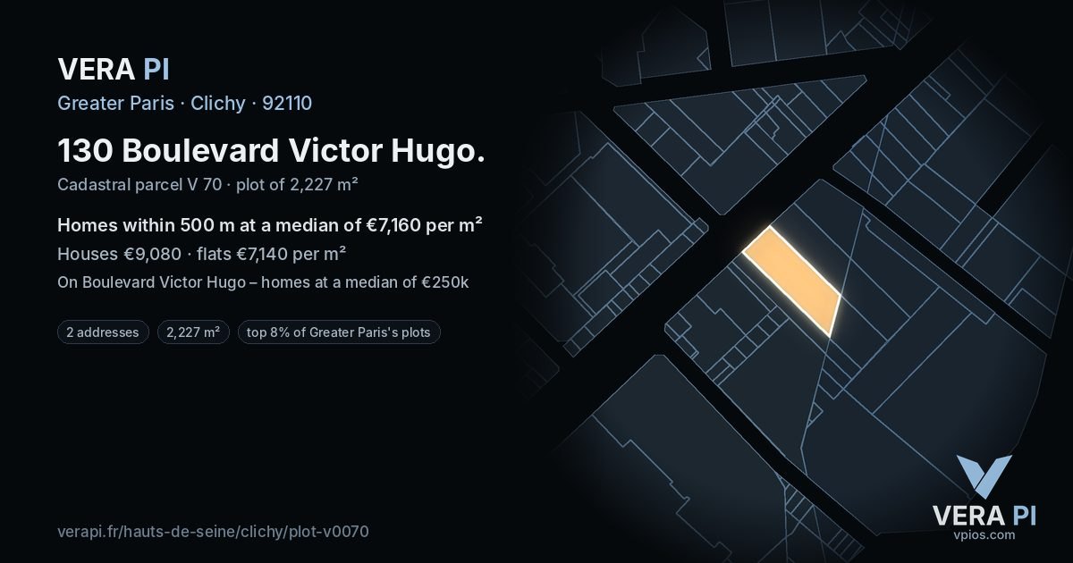 130 Boulevard Victor Hugo, Clichy at night – the plot lit, the parcels around coloured by the prices near them