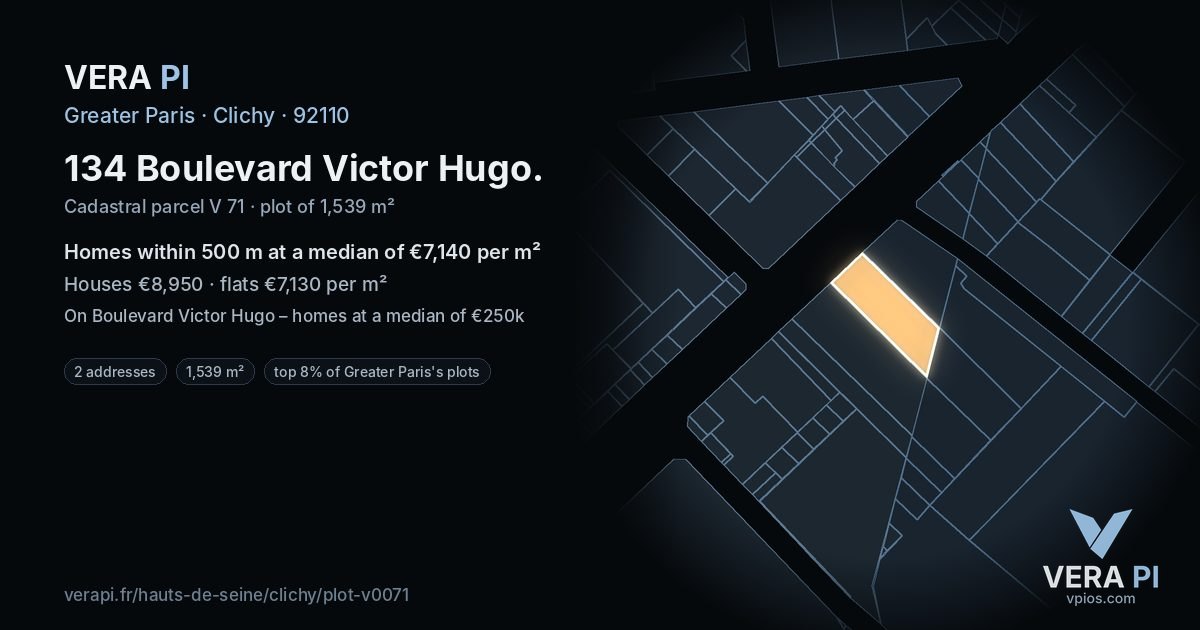 134 Boulevard Victor Hugo, Clichy at night – the plot lit, the parcels around coloured by the prices near them