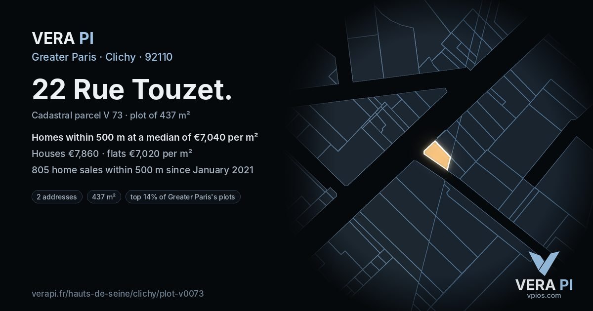 22 Rue Touzet, Clichy at night – the plot lit, the parcels around coloured by the prices near them