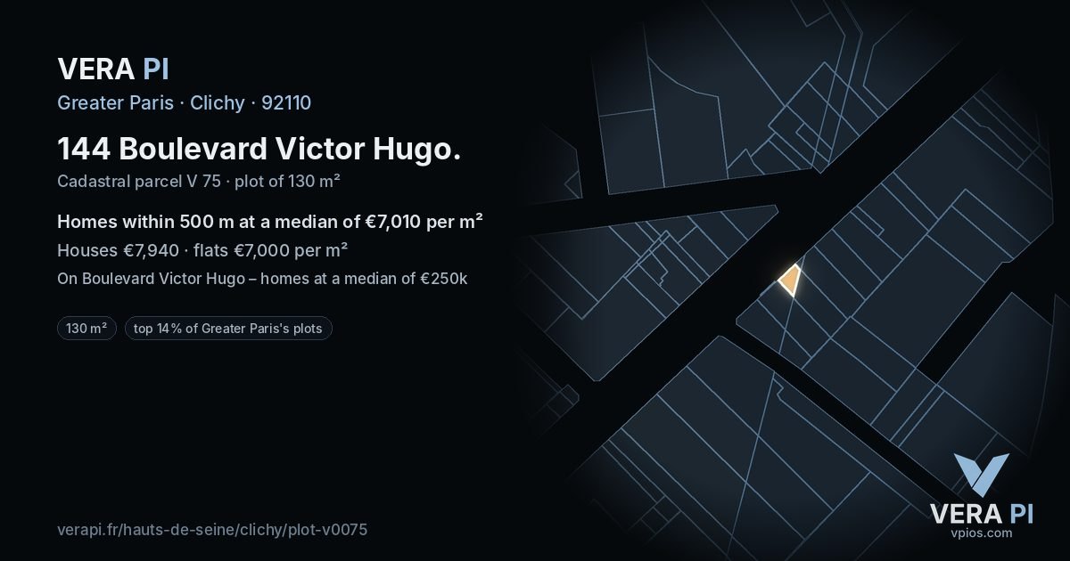 144 Boulevard Victor Hugo, Clichy at night – the plot lit, the parcels around coloured by the prices near them