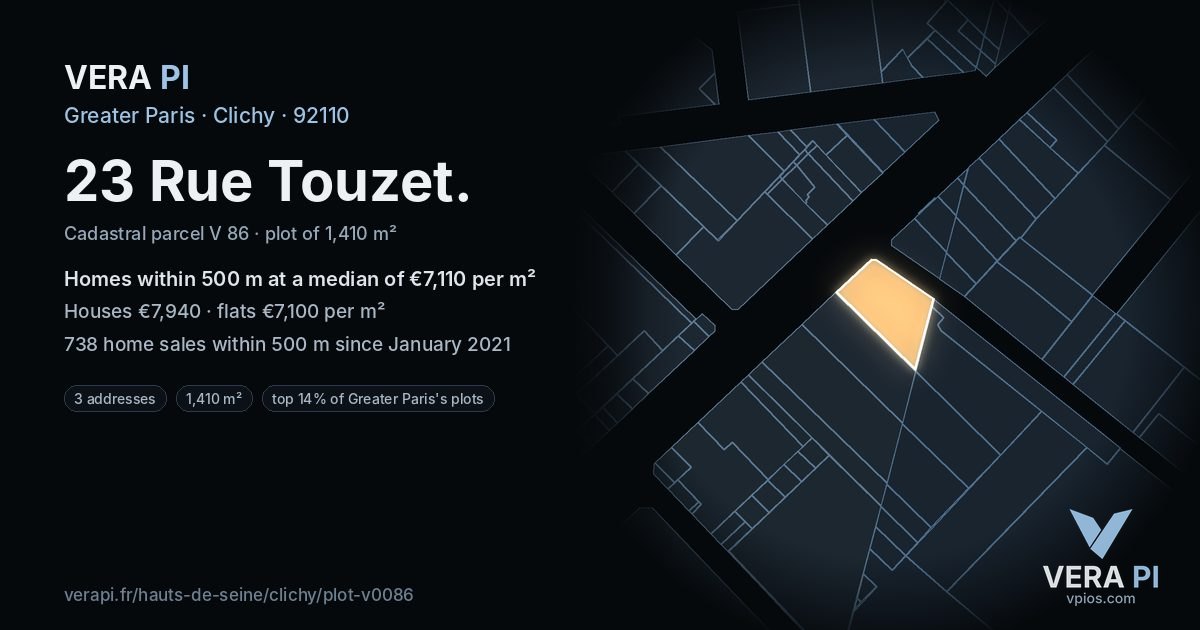 23 Rue Touzet, Clichy at night – the plot lit, the parcels around coloured by the prices near them