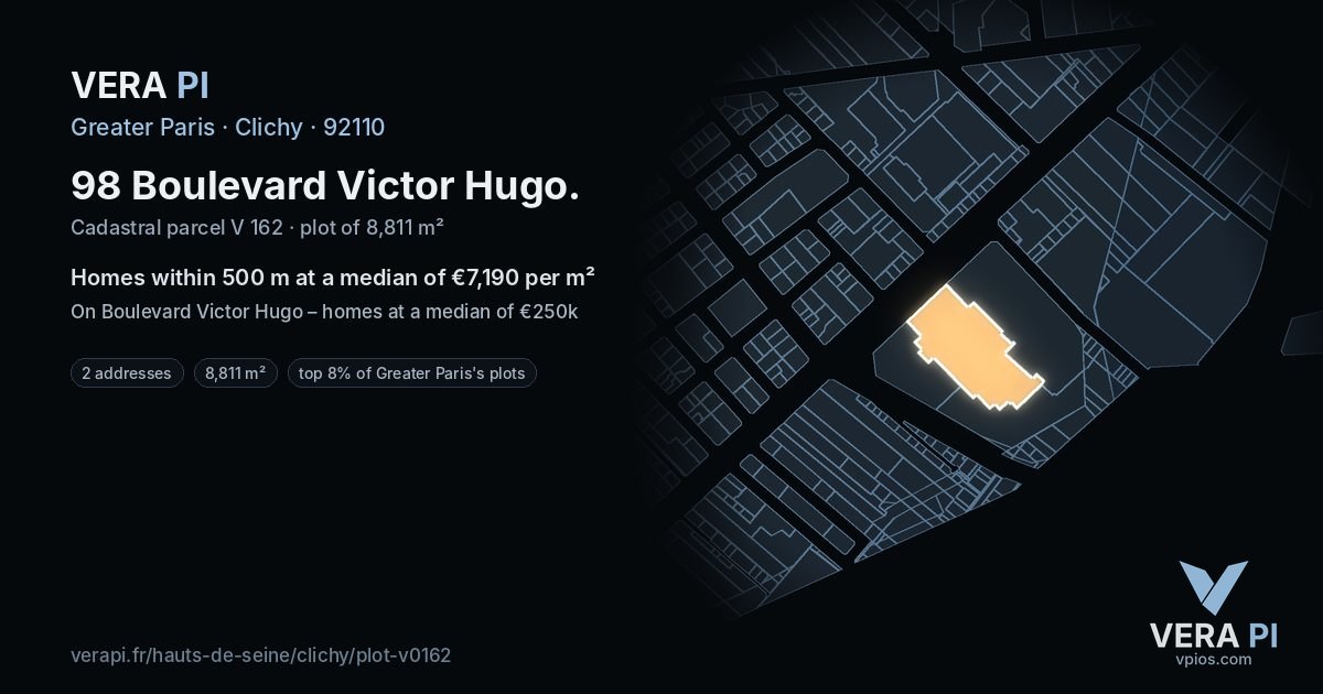 98 Boulevard Victor Hugo, Clichy at night – the plot lit, the parcels around coloured by the prices near them