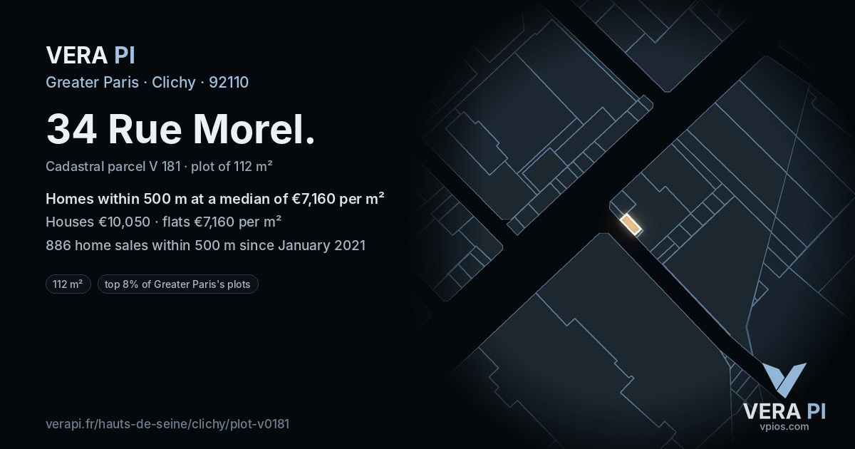 34 Rue Morel, Clichy at night – the plot lit, the parcels around coloured by the prices near them