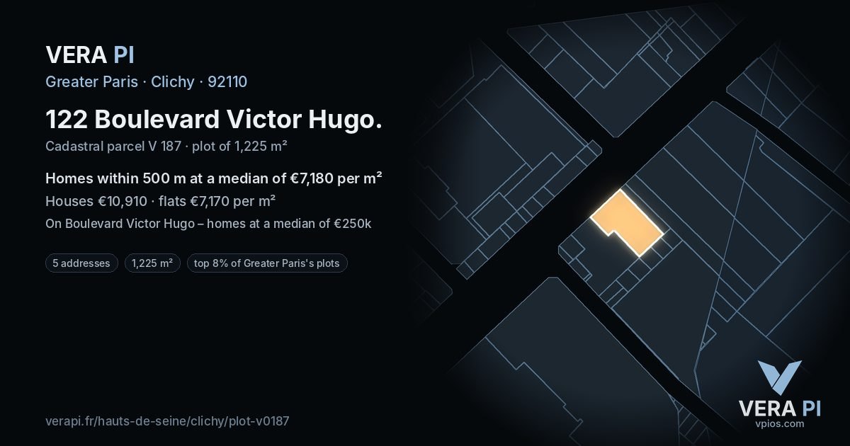 122 Boulevard Victor Hugo, Clichy at night – the plot lit, the parcels around coloured by the prices near them