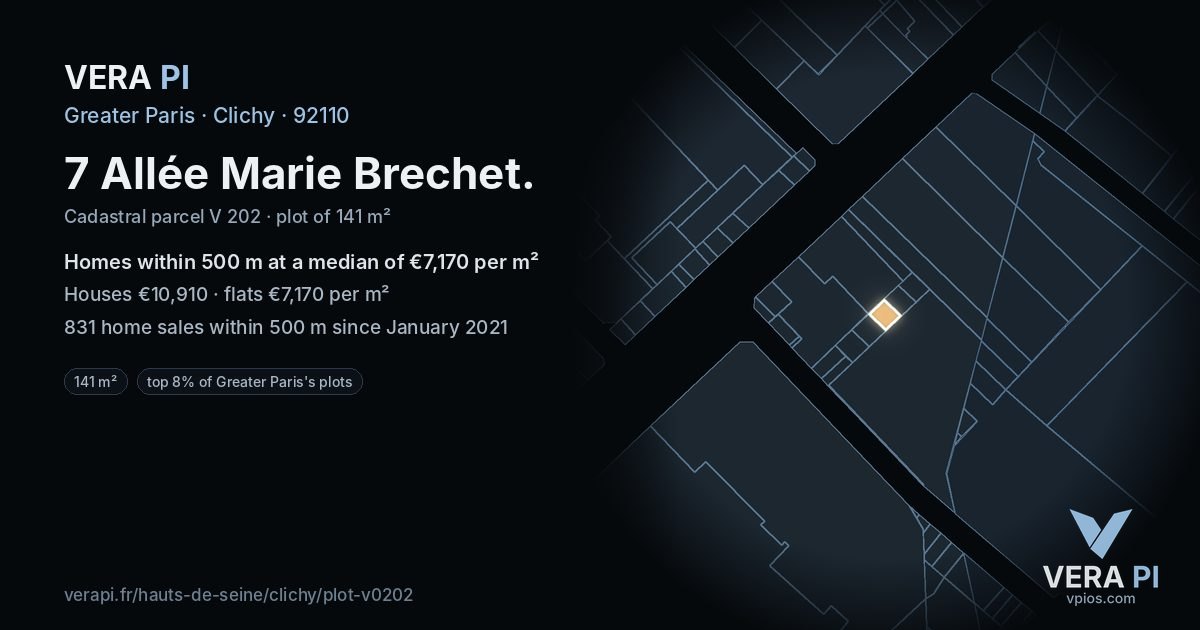 7 Allée Marie Brechet, Clichy at night – the plot lit, the parcels around coloured by the prices near them