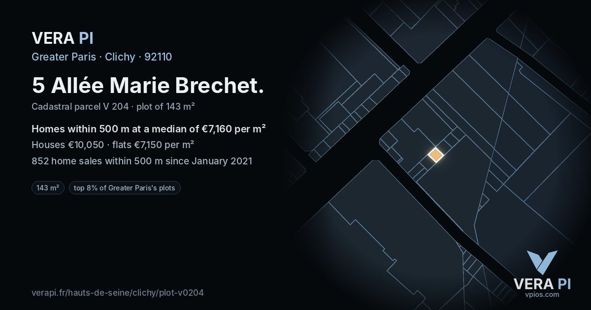 5 Allée Marie Brechet, Clichy at night – the plot lit, the parcels around coloured by the prices near them