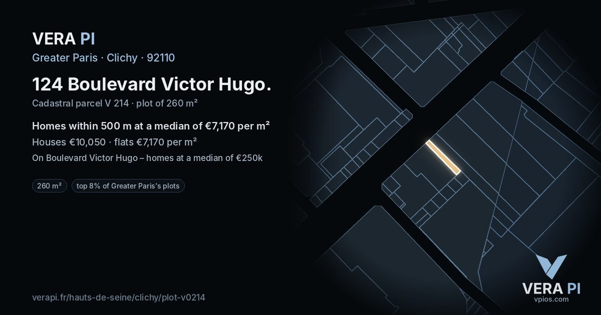 124 Boulevard Victor Hugo, Clichy at night – the plot lit, the parcels around coloured by the prices near them