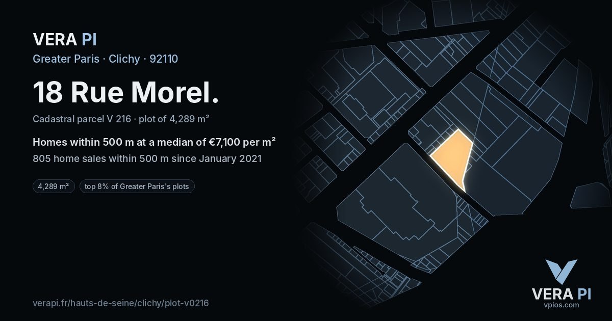 18 Rue Morel, Clichy at night – the plot lit, the parcels around coloured by the prices near them