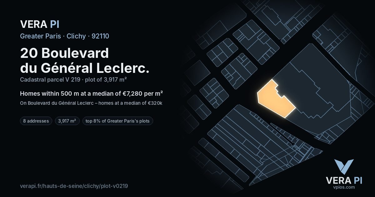 20 Boulevard du Général Leclerc, Clichy at night – the plot lit, the parcels around coloured by the prices near them