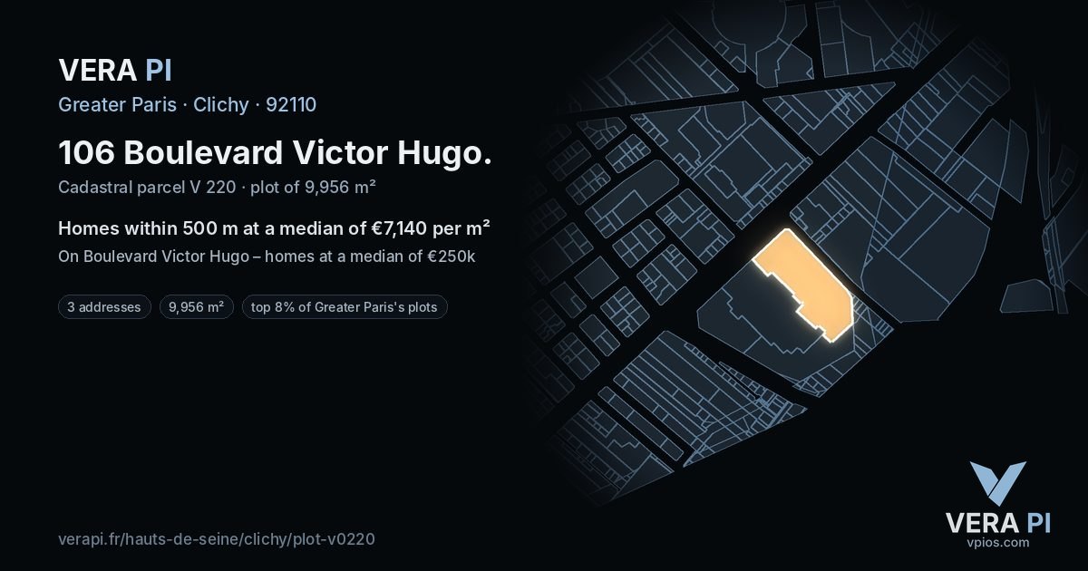 106 Boulevard Victor Hugo, Clichy at night – the plot lit, the parcels around coloured by the prices near them