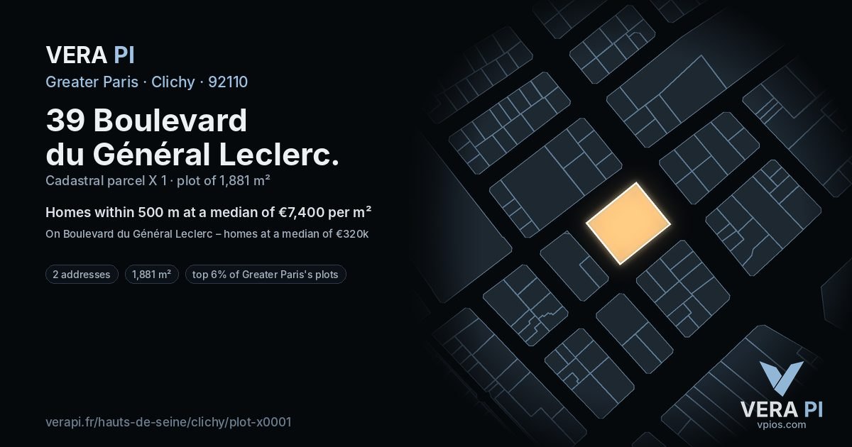 39 Boulevard du Général Leclerc, Clichy at night – the plot lit, the parcels around coloured by the prices near them