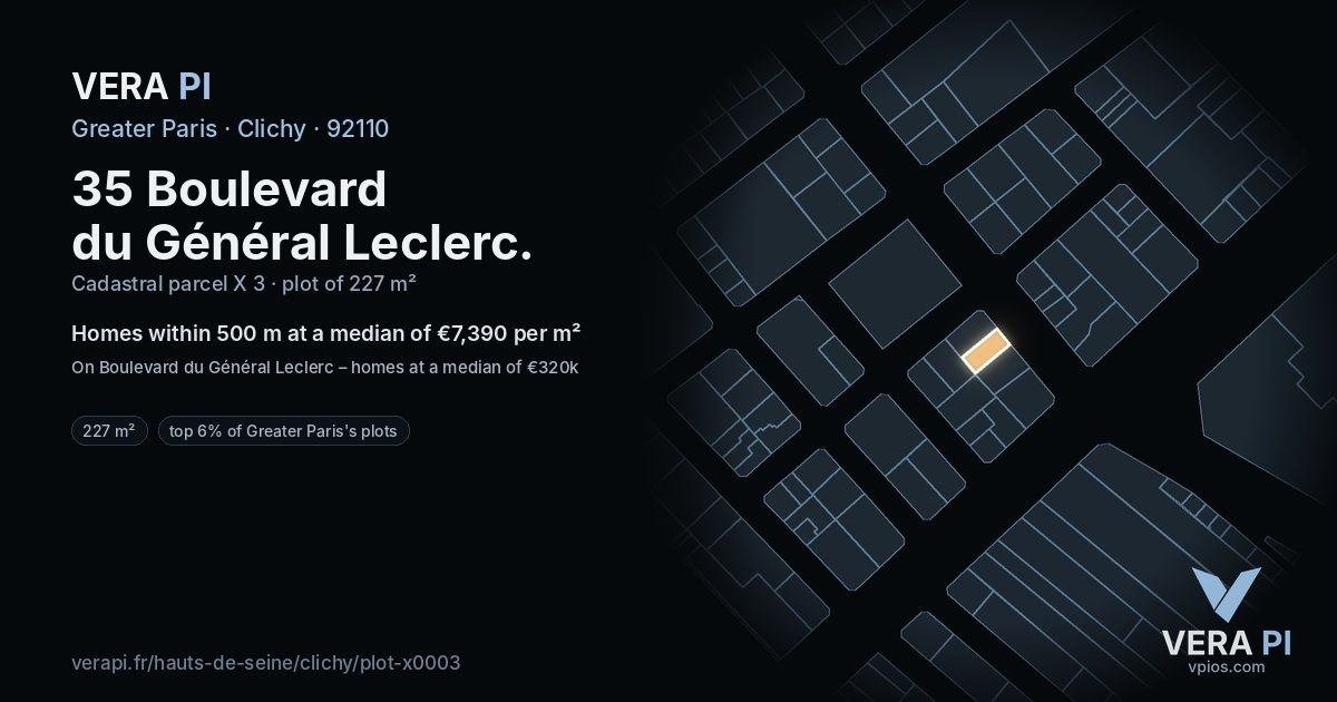 35 Boulevard du Général Leclerc, Clichy at night – the plot lit, the parcels around coloured by the prices near them