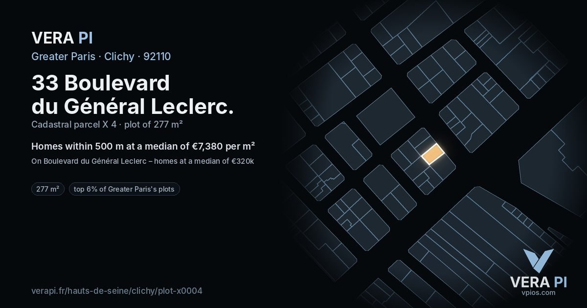 33 Boulevard du Général Leclerc, Clichy at night – the plot lit, the parcels around coloured by the prices near them