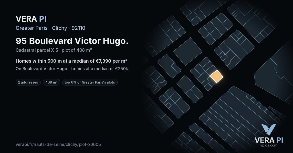 95 Boulevard Victor Hugo, Clichy at night – the plot lit, the parcels around coloured by the prices near them