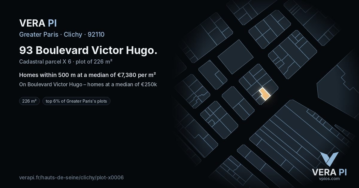 93 Boulevard Victor Hugo, Clichy at night – the plot lit, the parcels around coloured by the prices near them