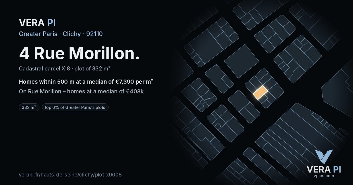 4 Rue Morillon, Clichy at night – the plot lit, the parcels around coloured by the prices near them