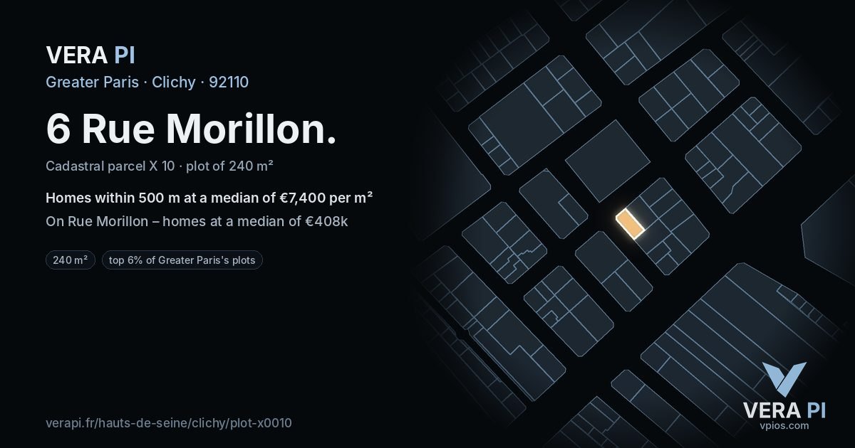 6 Rue Morillon, Clichy at night – the plot lit, the parcels around coloured by the prices near them
