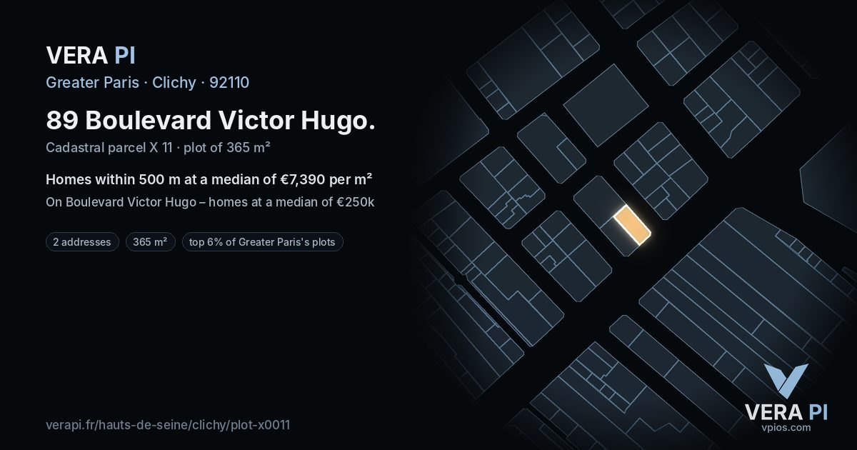 89 Boulevard Victor Hugo, Clichy at night – the plot lit, the parcels around coloured by the prices near them