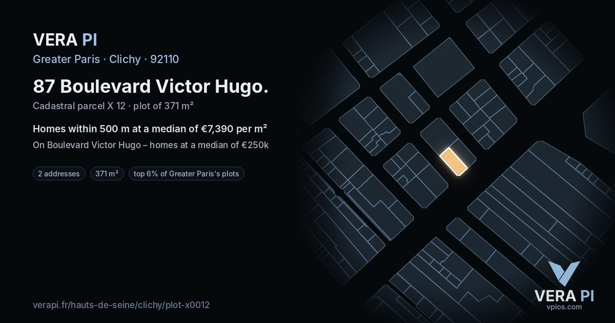 87 Boulevard Victor Hugo, Clichy at night – the plot lit, the parcels around coloured by the prices near them