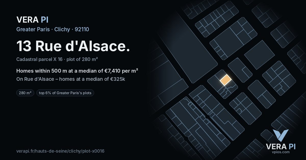 13 Rue d'Alsace, Clichy at night – the plot lit, the parcels around coloured by the prices near them
